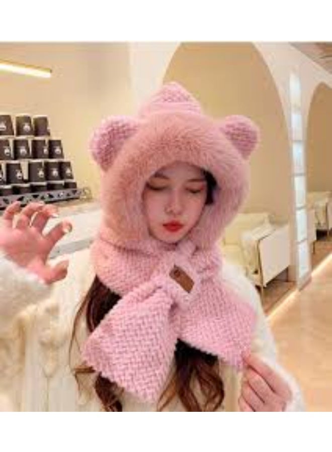 كاب فرو ناعم مع كوفيه مدمج 🐻🤍 أذنين لطيفتين ودفء مثالي للشتاء ❄️🧣 ستايل أنيق ومريح لكل المناسبات! - Image 3